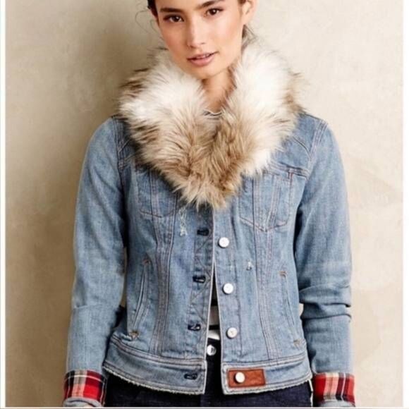 Pilcro and the Letterpress Anthropologie Faux Fur Distressed Denim Jacket - Picture 1 of 6